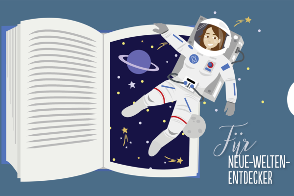 Ein Astronaut kommt aus einem geöffneten Buch 