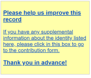Für Hinweise zu ergänzenden Informationen bzw. Korrekturen von Identitätsdaten klicken Sie bitte auf diese Infobox. Von dort gelangen Sie zum Feedbackformular.