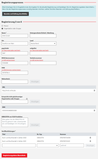 Formular zum Registrierungsschritt zwei von fünf zur Registrierung von einem ISNI.