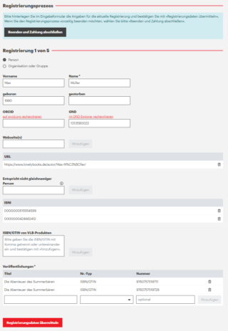 Formular zum Registrierungsschritt eins von fünf zur Registrierung von einem ISNI.