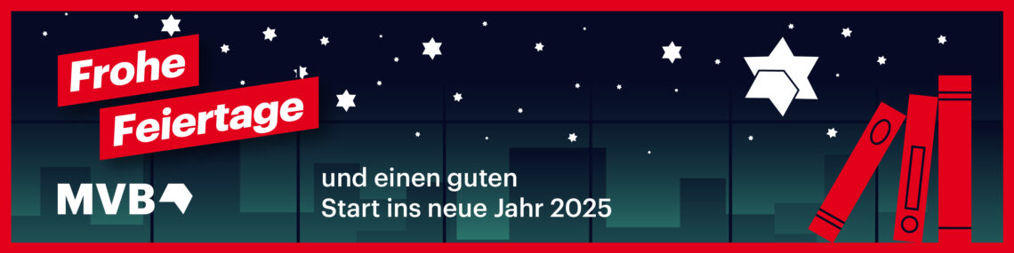 Grafik eines Sternenhimmels und roten Büchern im Vordergrund. Daneben steht "Frohe Feiertage und einen guten Start ins neue Jahr 2025"
