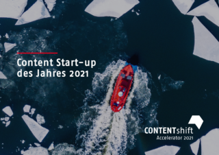 Grafik zum Content Shift 2021, auf dem ein Boot umgeben von Eisschollen zu sehen ist. Daneben steht "Content Start-up des Jahres 2021".
