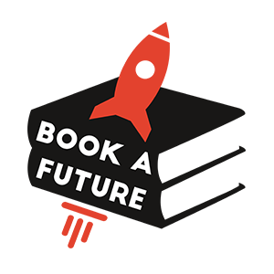 Grafik auf der 2 gestapelte Bücher zu sehen sind, auf der eine Rakete startet. Auf den Büchern steht "Book A Future".