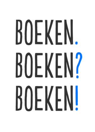 Weiße Postkarte auf der in schwarz und blau steht "Boeken. Boeken? Boeken!".