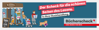 Grafik zum Bücherscheck 2021, auf dem eine Familie einen Buchhandlung mit sehr vielen Büchern verlässt.