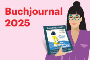 Grafik einer Frau die das Buchjournal in der Hand hält. Daneben steht "Buchjournal 2025".