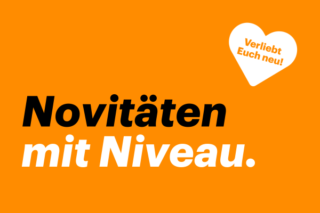 VLB TIX Grafik, auf der vor orangenem Hintergrund "Novitäten mit Niveau" steht.