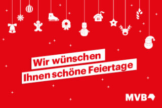MVB Weihnachtssmotiv zeigt einen roten Hintergrund, vor dem verschiedene weihnachtliche Motive in weiß zu sehen sind. Darunter steht "Wir wünschen Ihnen schöne Feiertage".