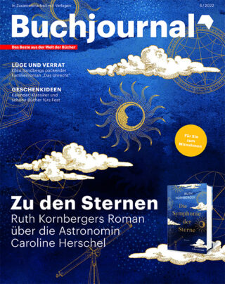 blaues Cover vom Buchjournal mit gezeichneten Wolken, Sonnen und einem Teleskop