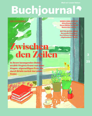 Coverabbildung der Buchjournal-Ausgabe 03-2025: Gemaltes Motiv, dass den Blick aus dem Fenster ins Grüne zeigt