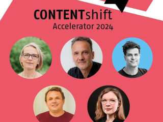 Die Content-Shift-Finalistinnen und Finalisten Susanne Friese, Georg Tschare, Jochen Adler, Sergiy Grushko und Ulrike Küchler.